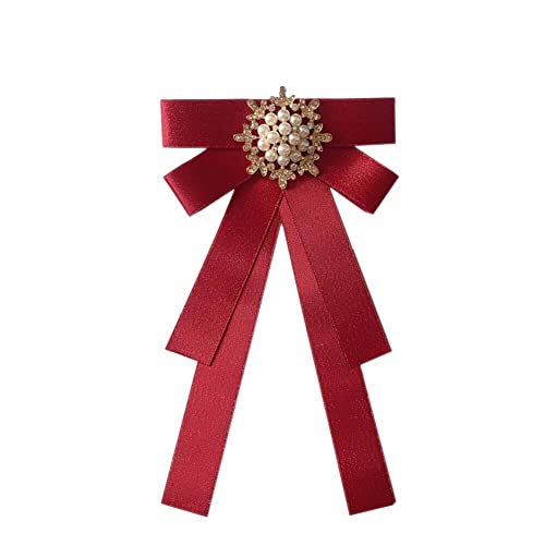 Image of Women Elegant Pearl Ribbon Bow tie Brooches Pin Jewelry Pre-Tied Collar Neck Tie Clip for Lady Girls Wedding Party