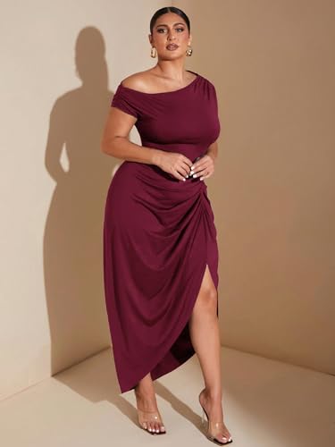 Image of Floerns Women's Plus Size Asymmetrical Neck Long Dress Ruched Slit Hem Cocktail Dress