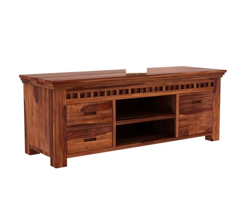 Image of Solid Sheesham Wood TV Unit with 2 Drawers, 2 Shelves, and 1 Door Storage - Fits up to 50-inch TV - Ideal for Living Room (Lucas, Honey Finish)