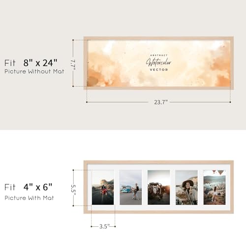 8x24 Oak Wood Picture Frame - 8x24 Photo Frame with Mat Display 5Pcs 4x6 Photos, 4x6 Picture Frame Wood, Natural Solid Wooden Picture Frames for Wall Art Photo and Prints(1 Pack, Beige)