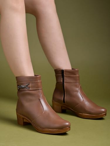 Image of Women's Ankle Boots with Side Zipper and Metal Detail Low Heel Faux Leather Booties for Everyday Comfort and Style