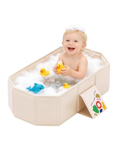 IcyByte Foldable Kids Bathtub, Portable Baby Bathtub for Newborns to Toddlers, Collapsible Toddler Bath Tub for Shower & Travel, Infant Bath Tub with Non-Slip Base, Space Saving, White