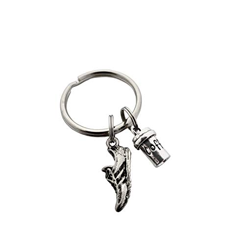 My RUN is Fueled By Coffee Key Chain - Running Shoe Charm, 3D Coffee Cup Charm on Stainless Steel Round Key Ring