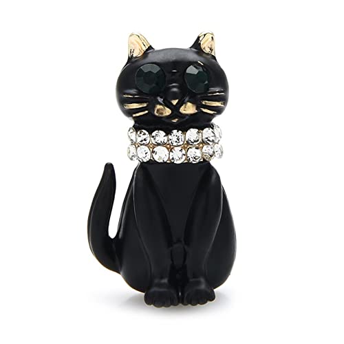 Broches chat en émail noir et strass brillants au design animalier raffiné