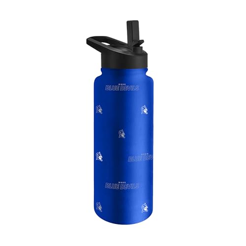 Image of Logo Brands NCAA Duke Blue Devils Step & Repeat 34 oz Stainless Steel Quencher Bottle - All Over Logo Design, No-Spill Lid, Easy Carry Handle - Keeps Drinks Cold For Hours