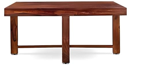 Image of Loonart Solid Sheesham Wood Coffee Table with Four Cushioned Stools | Idel for Living Room | Cafe | Restaurant | Space Saving Indoor Table Set | Finish Color - Mahogany Finish | Grey Cushion |