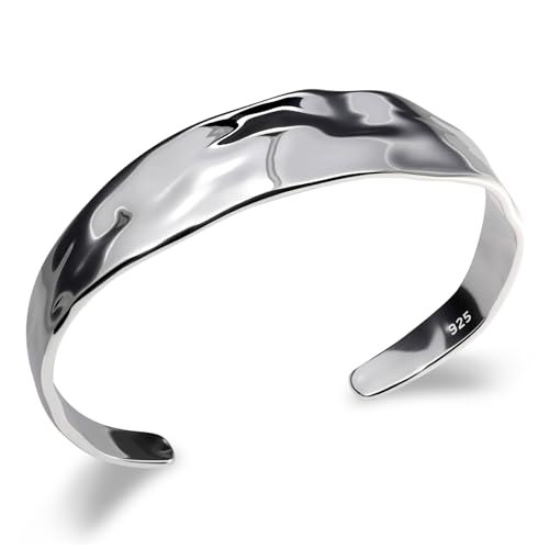 Desnuage Sterling Silver Chunky Cuff Bracelet Vintage Hammered Texture Style Statement Open Bangle Bracelets for Women