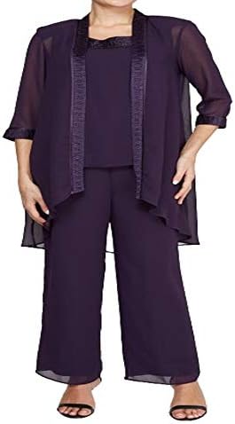 Le Bos womens Fortuny Trim Long Jacket Pant Set Mother of the Bride Dress, Eggplant, 18 Plus