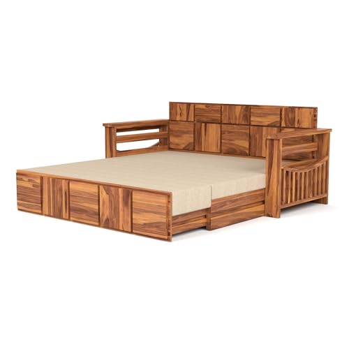 Image of Mamta Furniture Sheesham Wood Sofa Cum Bed with Storage Modern Wooden Sofa Set for Living Room Bedroom Furniture 3 Seater Convertible Sofa Cum Bed in Honey Finish