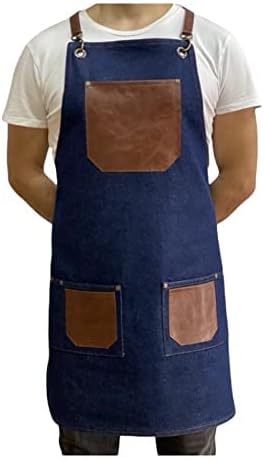 STUDION-LINE BY FERAY ALPAY Delantal de mezclilla azul oscuro con bolsillos anchos, correas de piel sintética, delantal para mujer, delantal para