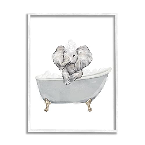 Image of 'Baby Elephant Bubble Claw Bathtub Safari'| Framed Giclee Art | Stupell Industries | White, 11 x 14 Inches, Easy to Hang and Sturdy, Made in USA, by Ziwei Li