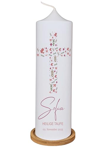 Vela de bautizo personalizada, vela de comunión – Sofia – para niña con corazón de cruz rosa, con nombre, fecha