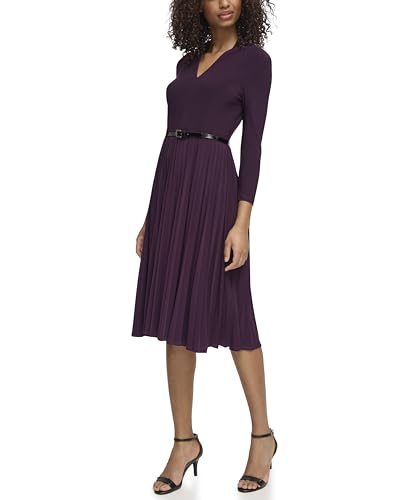 Image of Tommy Hilfiger Women's Long Sleeve V-Neck Belted Pleated Skirt A-Line Midi Dress