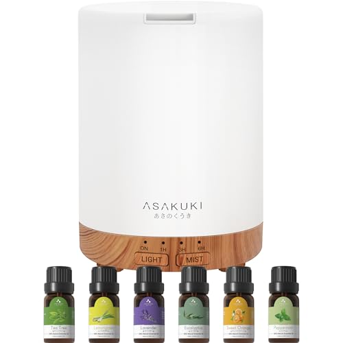 ASAKUKI 300ML Aroma Diffuser mit 6 * 10ML Ätherische Öle Set, Ätherische Öl Diffusor,Ultraschall-Luftbefeuchter für Home Office, 15 Farbe LED mit 4 Timer Einstellung