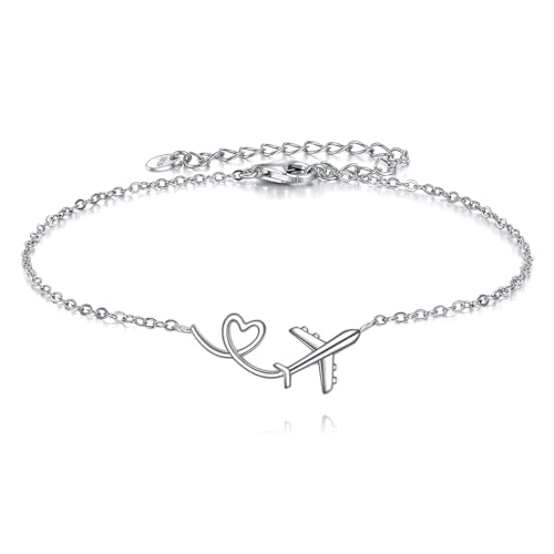 ONEFINITY Pulsera de avión de plata de ley 925 con corazón, pulsera de avión, regalo para mujer, talla única, Plata de ley, No es una piedra preciosa