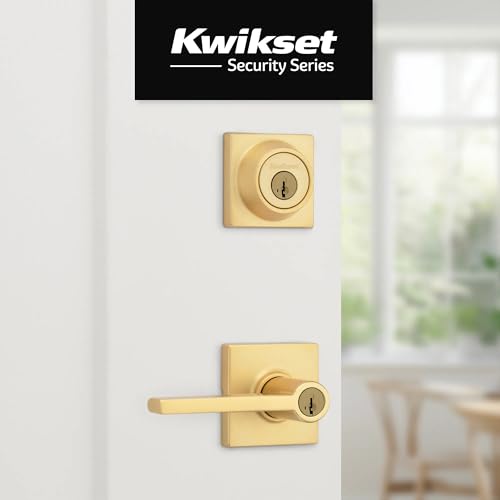 Image of Kwikset Casey Square Front Door Lock Handle and Deadbolt Set, Entry Exterior with Interior Reversible Lever, Satin Brass, Project Pack, Pick Resistant SmartKey Rekey Deadbolt Security