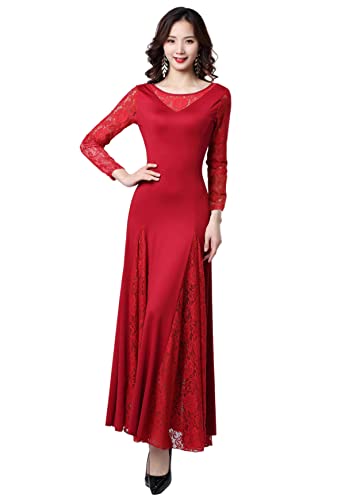 Burgundy Lace Ballroom Dance Dress - Long Skirt, Modern Swing Dress for Waltz Competition