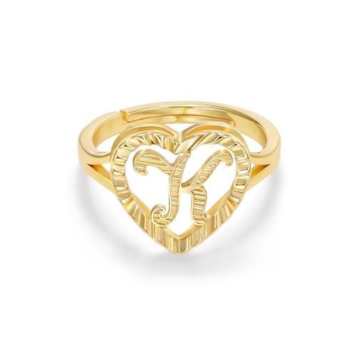 KELORIS PATH Gold Initial Rings for Women, Valentine's Day Gifts, 14K Vintage Dainty Heart Letter Ring Adjustable Non-Tarnish Fashion Jewelry(Letter K)