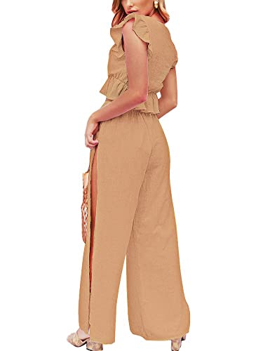 FANCYINN 2 Pieces Summer Outfits for Women Deep V Neck Crop Top Side Slit Drawstring Wide Leg Pants Sets Jumpsuits Khaki M