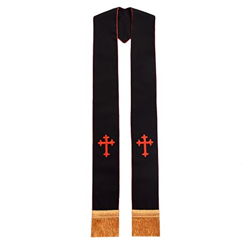 BLESSUME Clero Negro Estola Cruzar Bordado (Negro/Rojo)