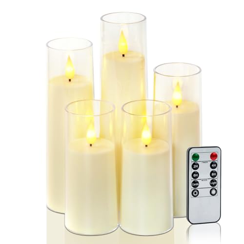 Image of Amagic Flameless Candles Battery Operated, LED Candles with Remote and Timer, Acrylic Plexiglass Flickering Fake Candle for Wedding, Home Decor, Ivory White, Set of 5, D2.2 x H5 5 inch 6 inch 7 inch 8 inch