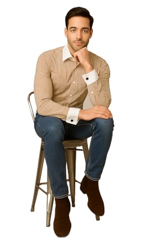 Image of Men's Premium Cotton Formal Dress Shirt - White Collar & French Cuffs with Cufflinks | Solid White, Micro Check & Striped for Office, Wedding