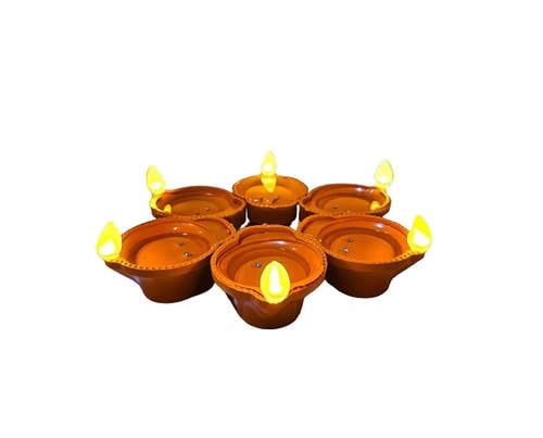 Water Sensor Diya Lamps for Diwali, Terracotta Brown, Set of 6, LED Flame Lights-image-34