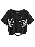 Avanova Women Skull Skeleton Graphic Print Tee Short Sleeve Distressed Crop Top Casual T Shirt U Black Large