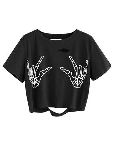 Avanova Women Skull Skeleton Graphic Print Tee Short Sleeve Distressed Crop Top Casual T Shirt U...