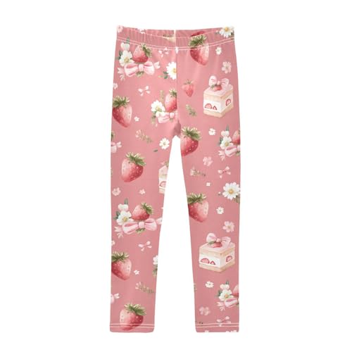 Strawberry Cake Bow Girls Leggings Ultra Soft Compression Yoga Gym Pants for Kids 4-10T