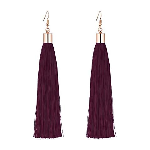 Burgundy Red Plain Long Tassel Earrings Gold Metal Cap and Hook Cover