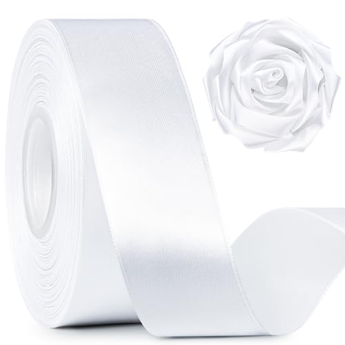 Image of Mauproy 1-1 /2 Inch Wide White Satin Ribbon, 50 Yards Solid Polyester Fabric Ribbon for Roses Making, Gift Wrapping, Flower Bouquets, Wedding Decorations, Handmade Crafts