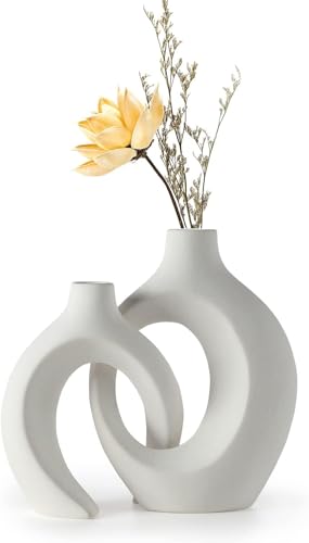 Anquephd vit ihålig keramisk vas uppsättning av 2, unik rund modern vas för nordisk minimalistisk stil dekoration, donut boho estetisk vas för kaffe & köksbord, pampasgräs. Vit