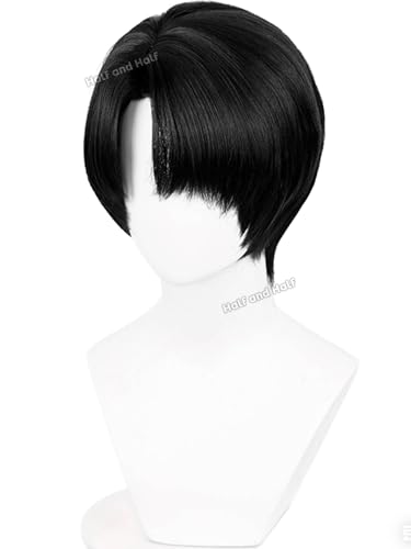 Image of Half and Half Short Black Anime A-O-T Cosplay Wig with Side Part Bangs Black Soldier Wigs Emo Costume Wigs for Halloween Party