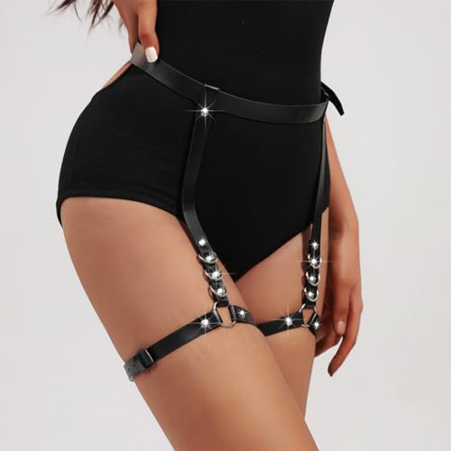 FRENZCOY Cinta-liga de couro punk nas pernas, cinto de arnês para coxas, joia sexy para mulheres e m