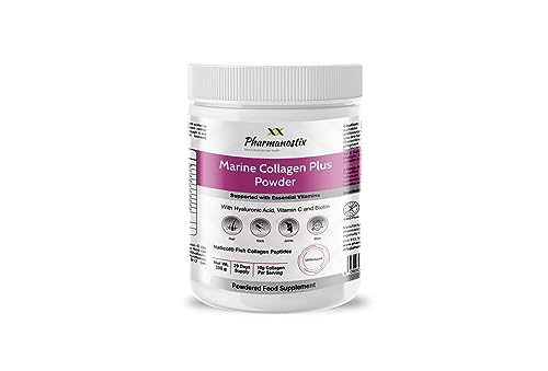 Pharmanostix Hydrolysed Marine Collagen Plus Powder 300g - 10,000mg Collagen with Hyaluronic Acid, Biotin, Vitamin C & B Vitamins - Type 1 & 3 Pure Naticol Collagen - UK Manufactured (Unflavoured)
