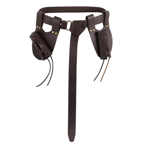 3 PCS Dark Brown Viking Belt Set with Vertical Sword Sheath and Right-Hand Sword Holder, Medieval Renaissance Celtic Design for Knights, Adjustable PU Leather, Perfect for Role-Playing2