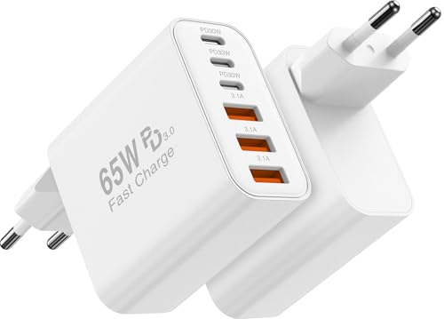 6-Ports USB C Ladegerät für iPhone 17/16/15/14/13/12,65W Mehrfach Ladegerät mit USB-C und USB-A,Power Adapter Fast Charger Multiport Type C Netzteil für Samsung S25/S24/S23/S22/Handys/Tablets