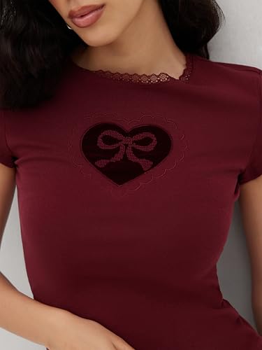 CIDER Graphic Tees Cute Tops Cotton Blend Bowknot Heart Lace Trim Crew Neck Short Sleeve T Shirt2