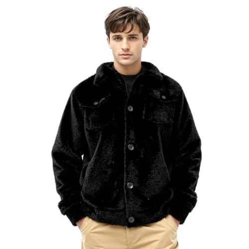 Image of GINGTTO Mens Furry Button-Up Jacket 4 Pockets Fluffy Coat For Men