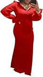 Red Elegant Formal Evening Gowns Mermaid Maxi Dresses for Women Deep V Neck Lantern Long Sleeve Wedding Long Prom Cocktail Party Dress