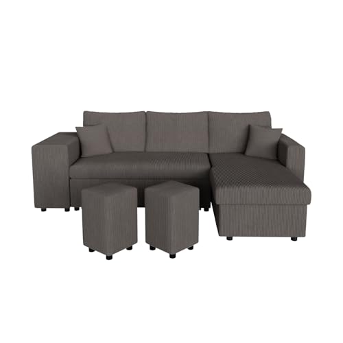 LOUNGITUDE Canapé d'angle réversible Convertible Oslo avec Coffre et 2 poufs en Velours côtelé