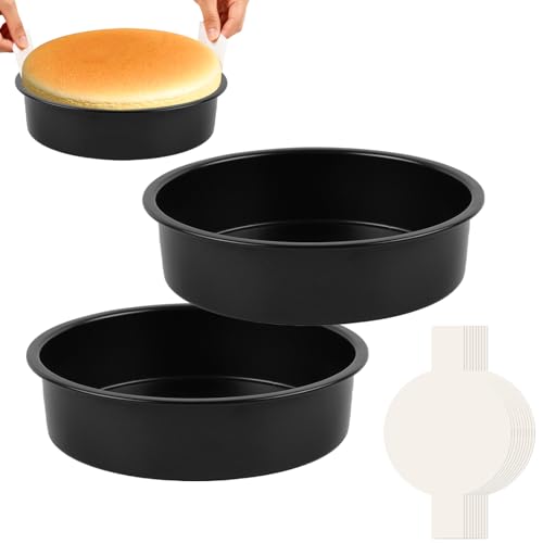 tutikuki 9 Inch Cake Pan Set of 2 - Nonstick Carbon Steel Round Cake Baking Pans with Parchment Paper Dishwasher Safe Durable for Large Layer Cakes Birthday & Christmas Baking