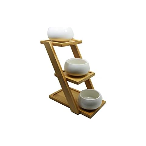 Slope Bamboo Stand with 3 Ceramic Pots 8.5 x 8.5 x 4.5 cm, Succulent Plant Stand, Extended Size 18 x 12 x 31 cm, with 3 Seats, No Plants Included, Z Shape Flower Stand Cover
