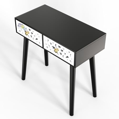 Image of Bed Side Table with 2-Drawer Nightstand, Carved Drawer Design Accent or End Table with Storage with Carving Design (Black & White) Engineered Wood