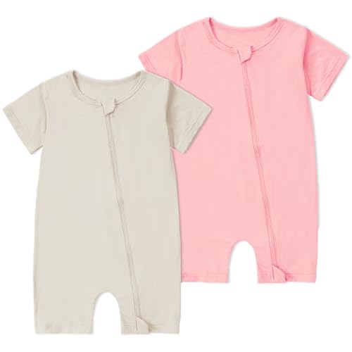 Image of MICHLEY Baby Bamboo Viscose Short Sleeve Summer Romper 2 Pack, Unisex Newborn Zipper Bodysuit Toddler Clothes 0-24M