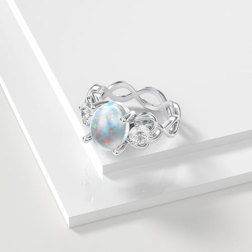 Image of 0.3 Carat Moissanite and White Opal /Blue Opal /Black Opal Engagement Ring 925 Sterling Silver 8-9 MM Heart /Round /Oval Cut Opal Moissanite Ring for Women Size 5-13