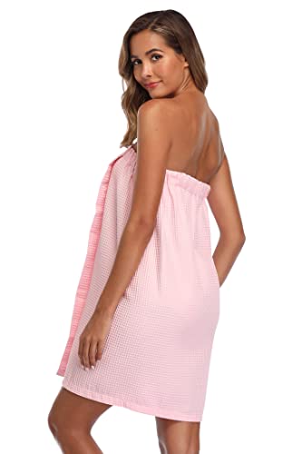 Image of Women's Bath Towel Wrap Waffle Spa Body Wrap with Adjustable Closure Quick Dry Lightweight Towel Robes with Pocket, Pink S /M