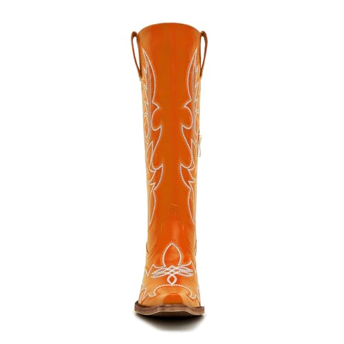 Image of Uillnoodu Women's Turquoise Cowgirl Boots - Wide Calf Mid Calf Western Boots Plus Size Embroidered Cowboy Style with Block Heel