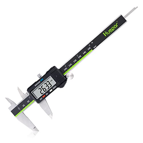 Huepar Calibre Digital 150mm/6Inch Pie de Rey Acero Inoxitable Calibrador Electrónico Fracciones/Inch/Metrico Calibrador con pantalla LCD Para Medir de Diámetro Interior/Exterior/Profundidad/Escalera